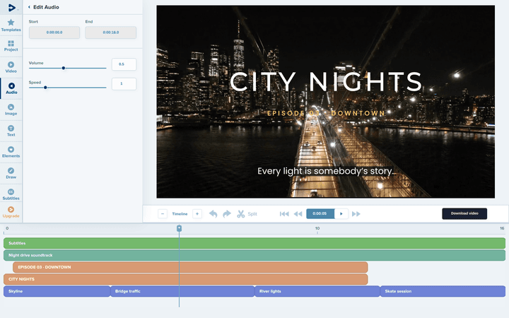 Settings of a music track in the Deus editor, with volume and speed controls