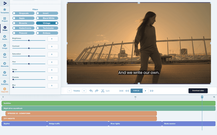 Filters panel in the Deus editor with the Vintage filter applied to a clip