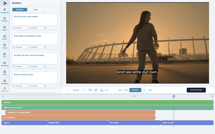 Subtitle list with start and end times in the Deus editor and a subtitle shown on the video