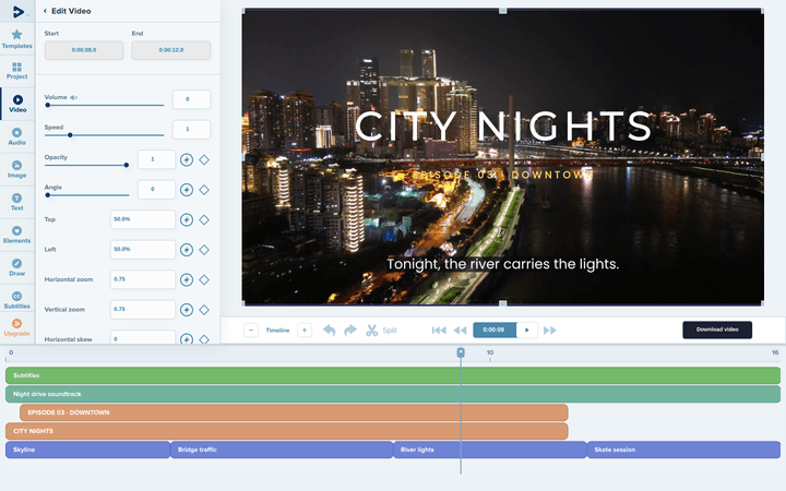 Deus editor timeline with video, text, subtitle and music tracks next to the video settings panel