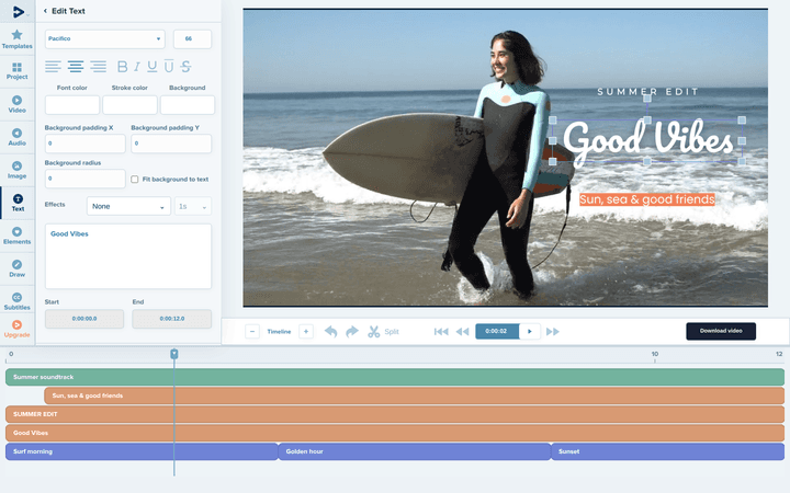 The Deus online video editor: a styled title selected on the video canvas, its text settings panel and a multi-track timeline