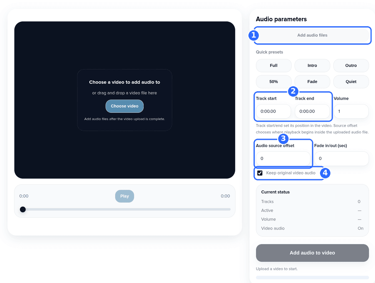 Screenshot of the Add Audio to Video tool with four numbered highlights: Add audio files, the Track start and Track end fields, Audio source offset and the Keep original video audio checkbox