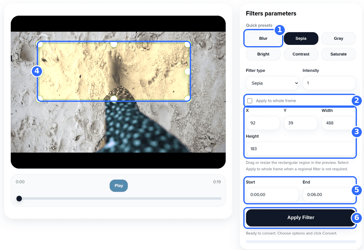 Add Filter to Video tool with six numbered highlights: the Blur preset, the Apply to whole frame checkbox, the X, Y, Width and Height fields, the region box in the preview, the Start and End fields and the Apply Filter button