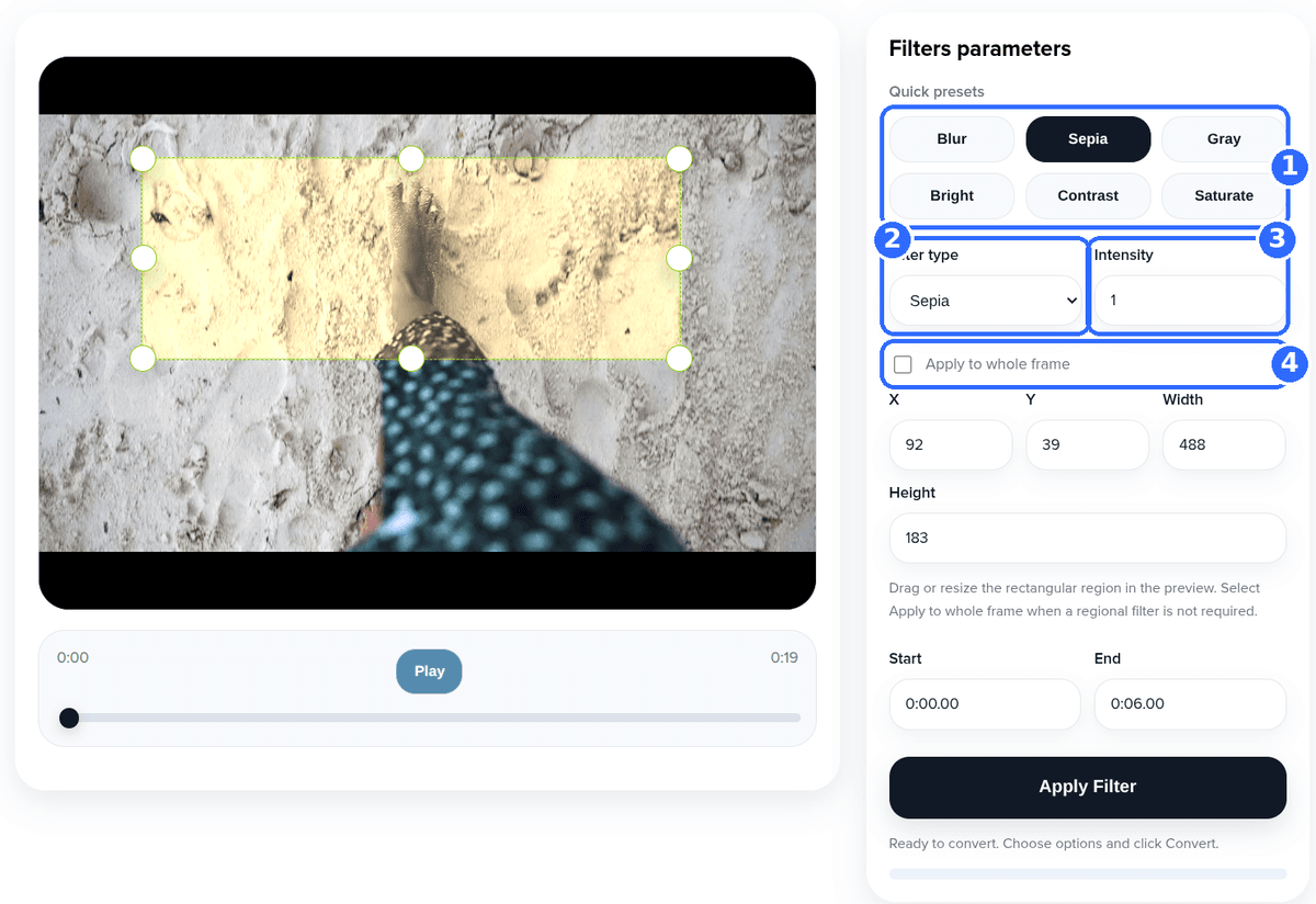 Add Filter to Video tool with four numbered highlights: the six quick presets, the Filter type list, the Intensity field and the Apply to whole frame checkbox