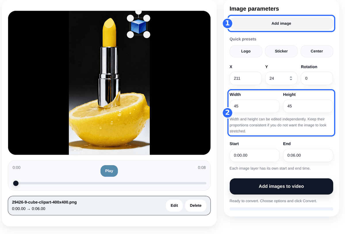 Add Image to Video tool with two numbered highlights: the Add image button and the Width and Height fields with the note about proportions