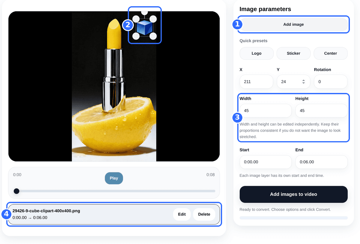 Add Image to Video tool with four numbered highlights: the Add image button, the selected layer with its handles in the preview, the Width and Height fields with the proportions note, and the layer list with Edit and Delete