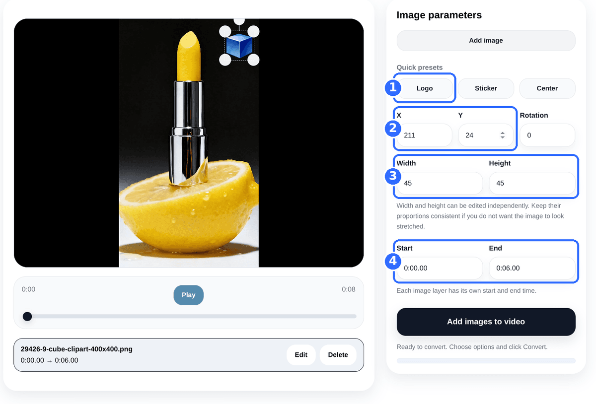 Add Image to Video tool with four numbered highlights: the Logo preset, the X and Y fields, the Width and Height fields and the Start and End fields