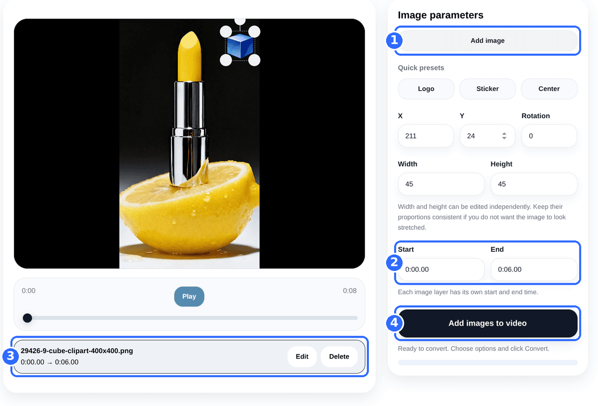 Add Image to Video tool with four numbered highlights: the Add image button, the Start and End fields, the layer list and the Add images to video button