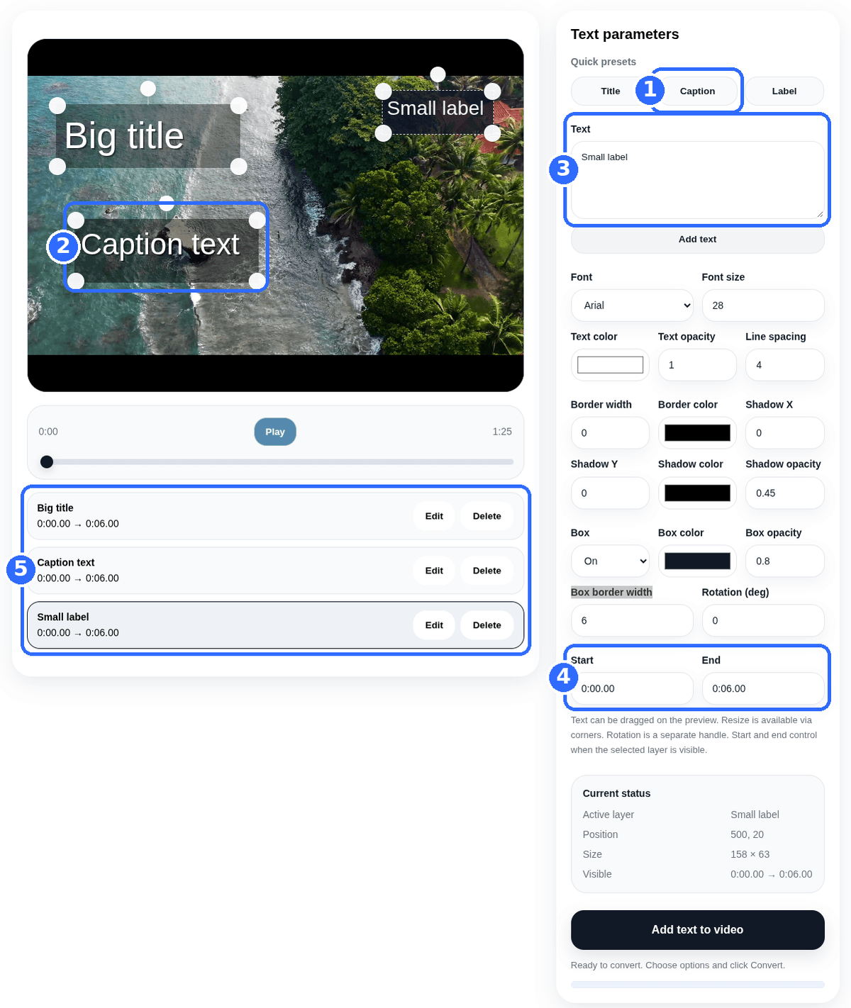 Add Text to Video tool with five numbered highlights: the Caption preset, the Caption text layer in the preview, the Text field, the Start and End fields and the layer list with three layers