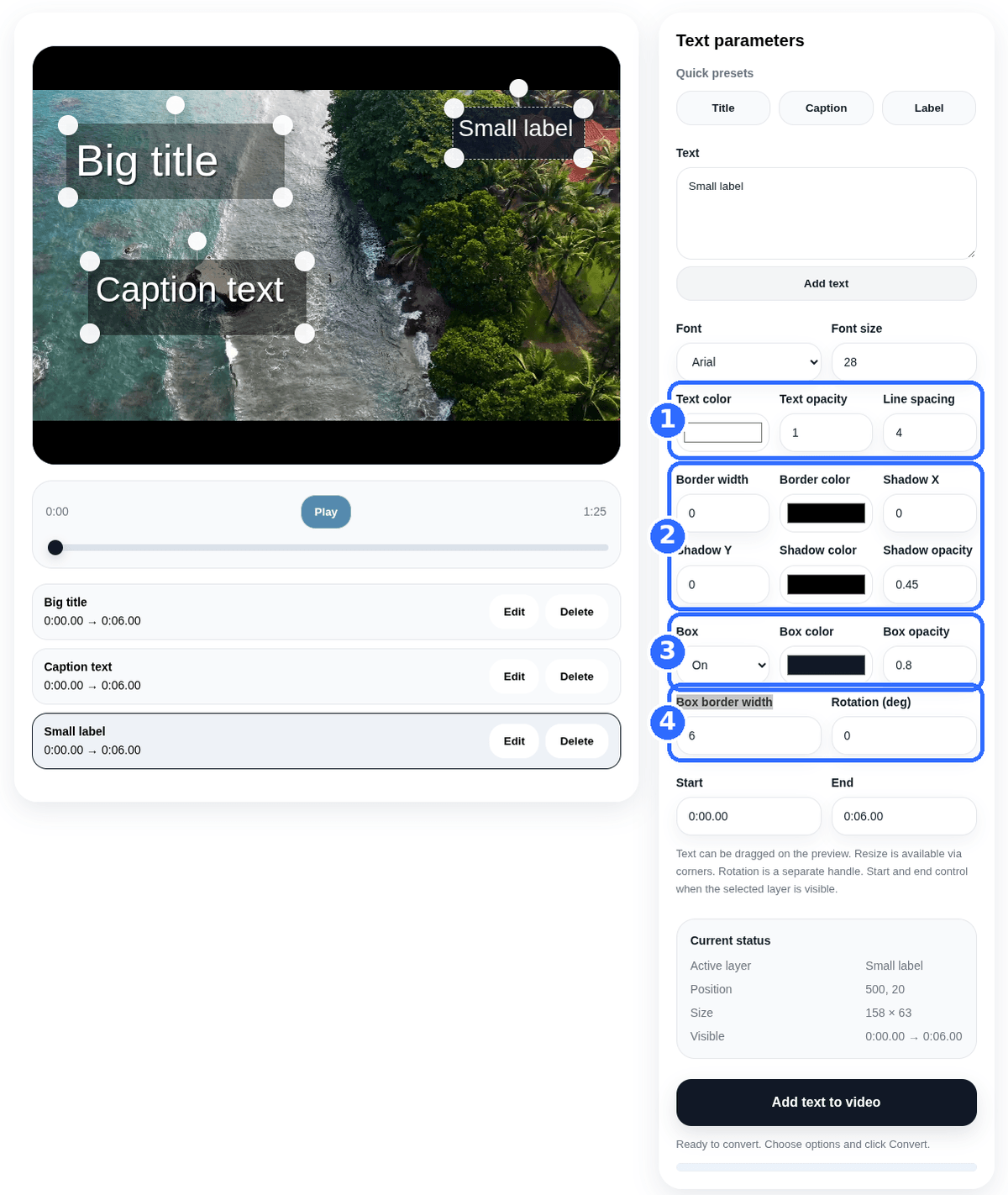 Add Text to Video tool with four numbered highlights: the text color, opacity and line spacing row, the border and shadow fields, the Box settings and the Box border width and Rotation fields