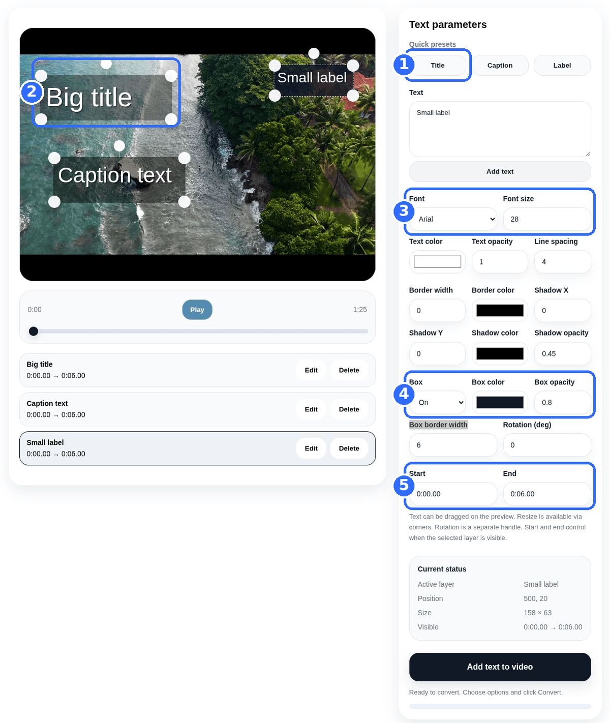 Add Text to Video tool showing three layers made with the Title, Caption and Label presets, with five numbered highlights: the Title preset, the Big title layer in the preview, the Font and Font size fields, the Box settings and the Start and End fields