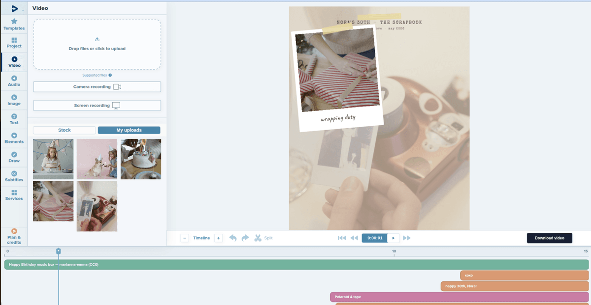 Photos and video clips uploaded for a birthday video
