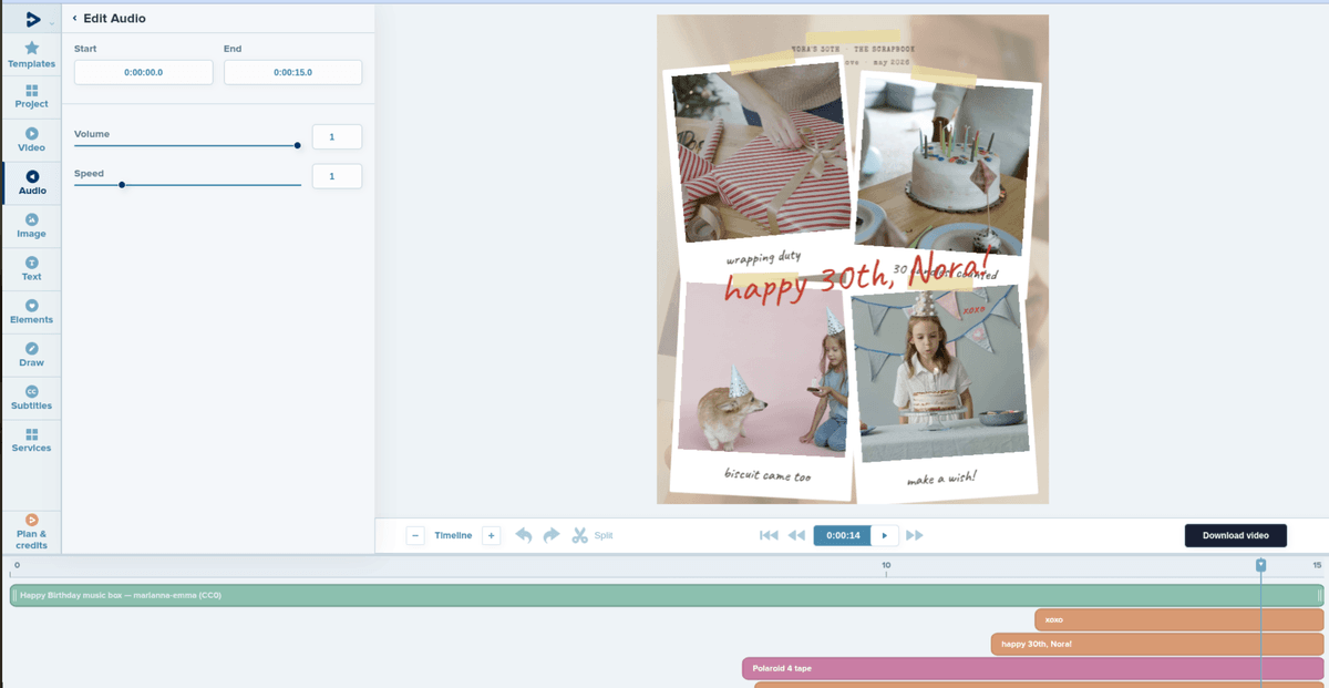 Music track added to a birthday video timeline