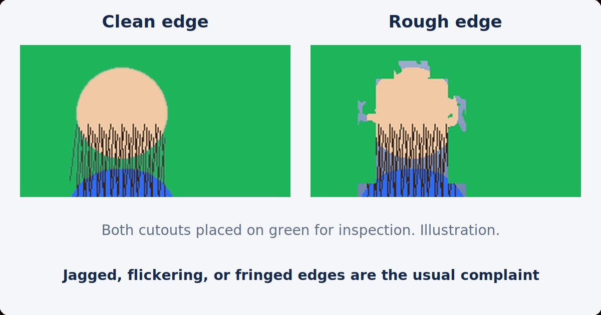 Close-up of a cut-out head and shoulders on green with a smooth edge, next to the same cutout with a jagged, blocky edge