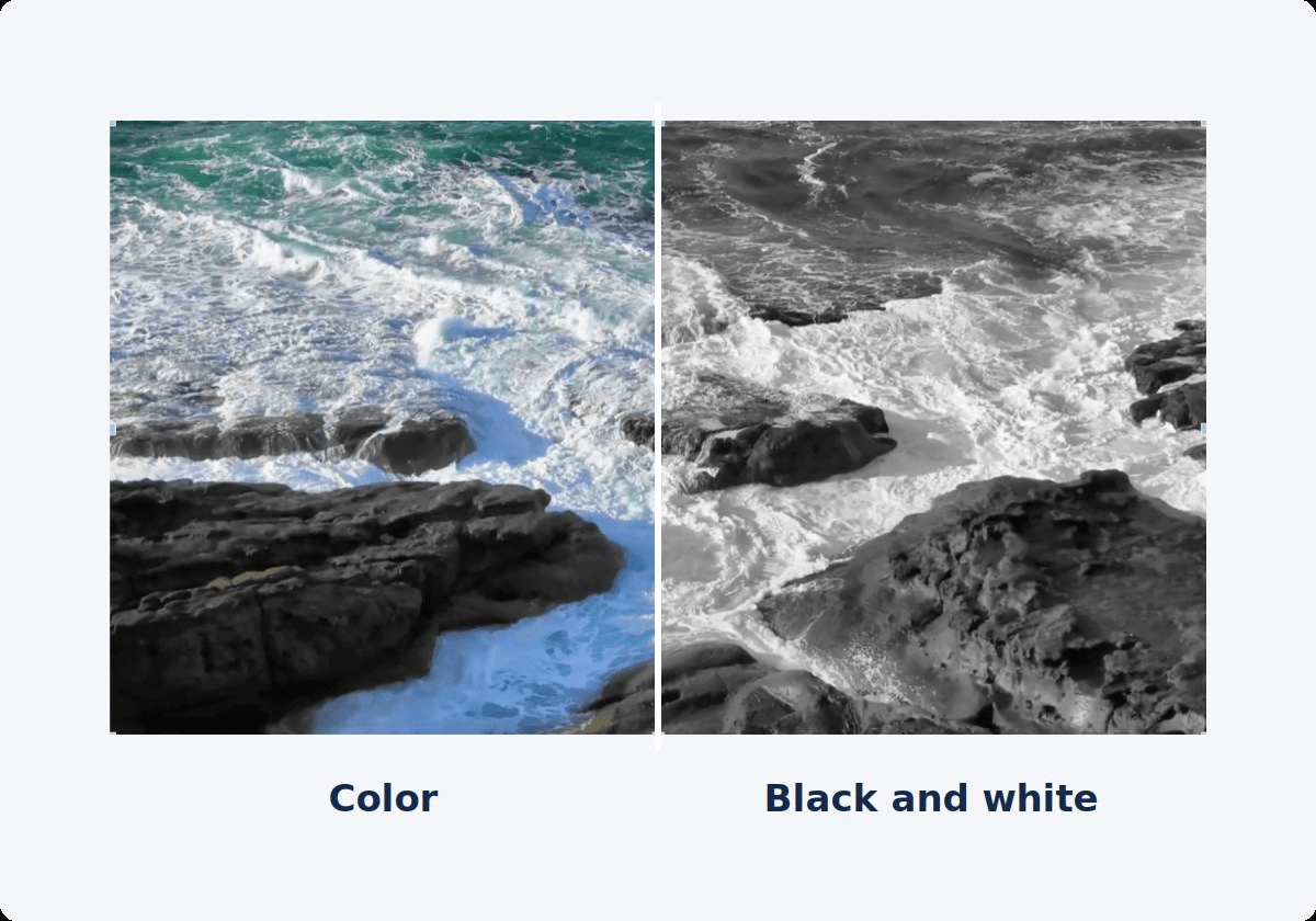 Split frame of an ocean scene: the left half in color, the right half in black and white