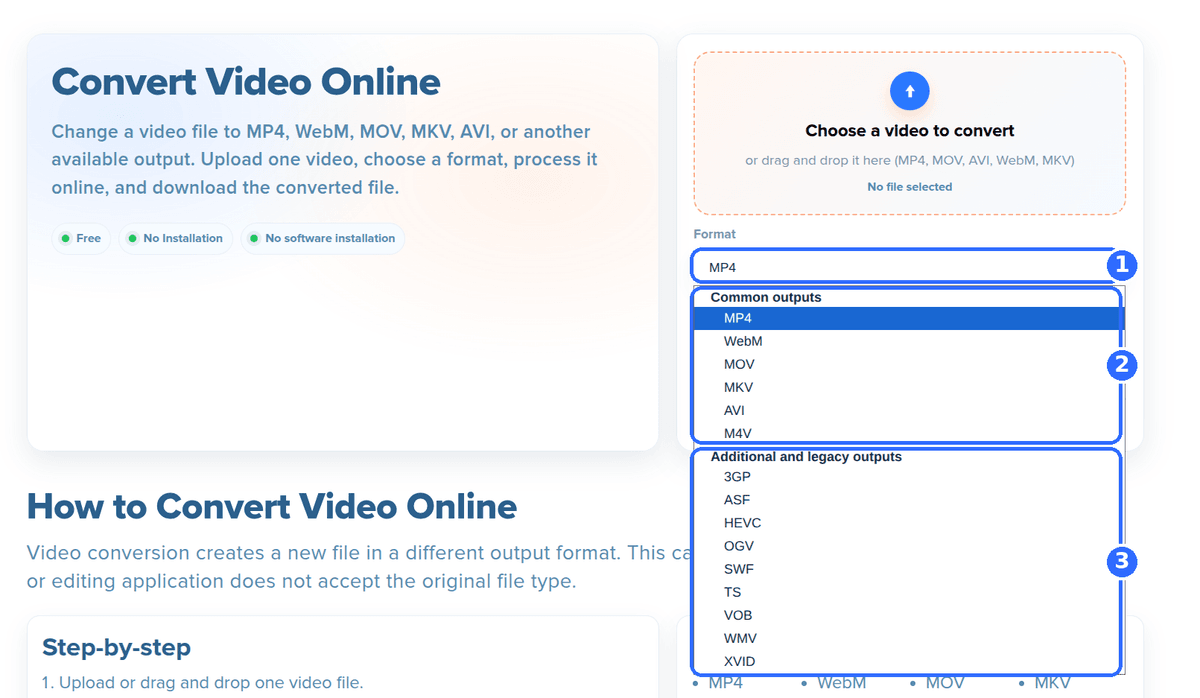 Convert Video tool with the Format list open and three numbered highlights: the Format field, the Common outputs group from MP4 to M4V, and the Additional and legacy outputs group from 3GP to XVID