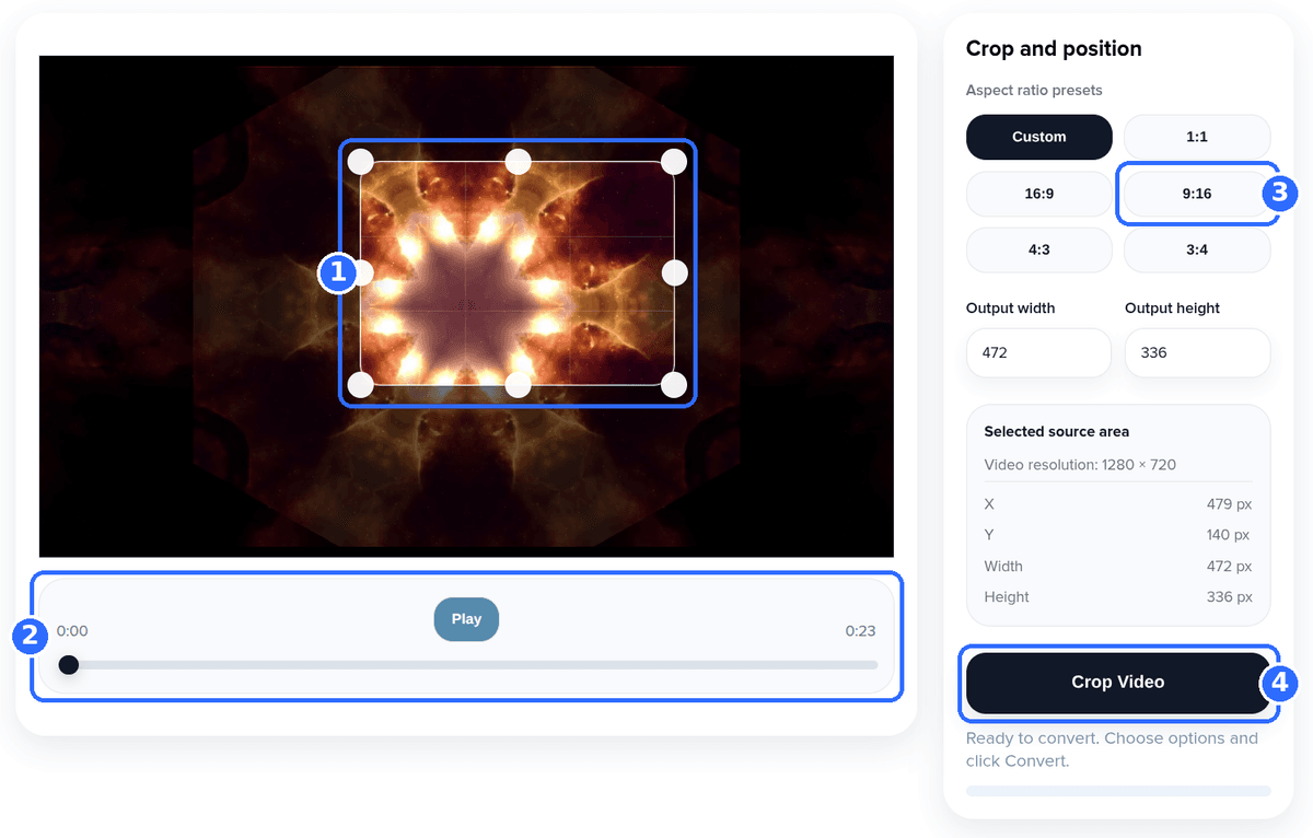 Crop Video tool with a video loaded and four numbered highlights: the crop frame in the preview, the player controls, the 9:16 preset and the Crop Video button
