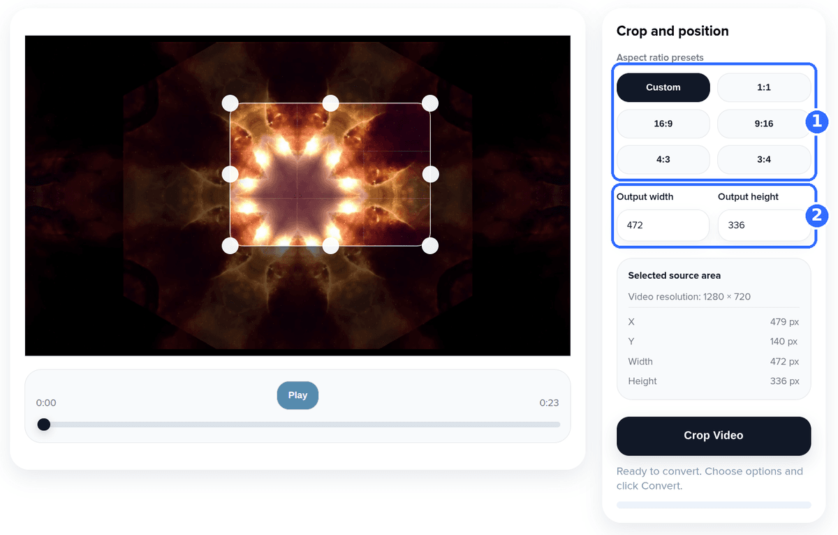 Crop Video tool with two numbered highlights: the six aspect ratio presets and the Output width and Output height fields