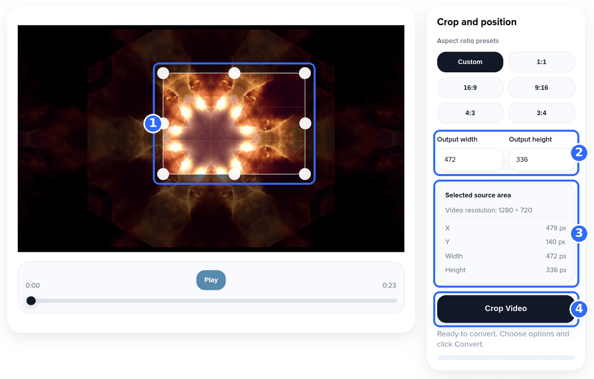 Crop Video tool with a video loaded and four numbered highlights: the crop frame with its handles in the preview, the Output width and Output height fields showing 472 and 336, the Selected source area readout and the Crop Video button
