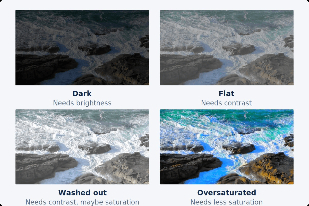 Four versions of one frame labeled dark, flat, washed out and oversaturated, each with the adjustment it needs