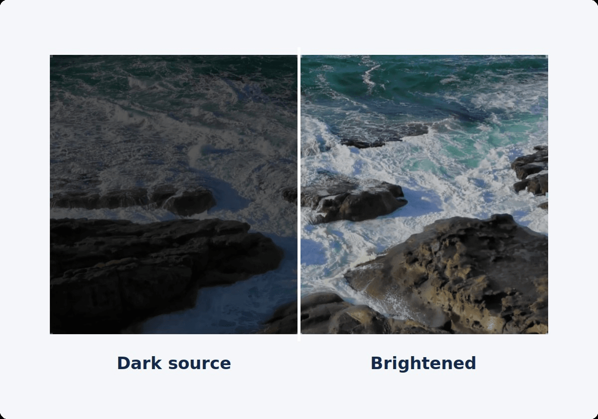 Split frame of an ocean scene: the left half is dark and dim, the right half shows the same picture after brightening