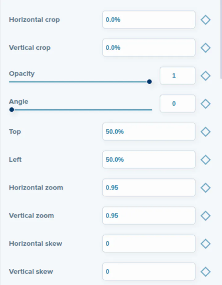 Deus.Video Edit Image panel listing opacity, angle, top, left, horizontal zoom, vertical zoom and skew, each with a diamond-shaped add keyframe button on the right