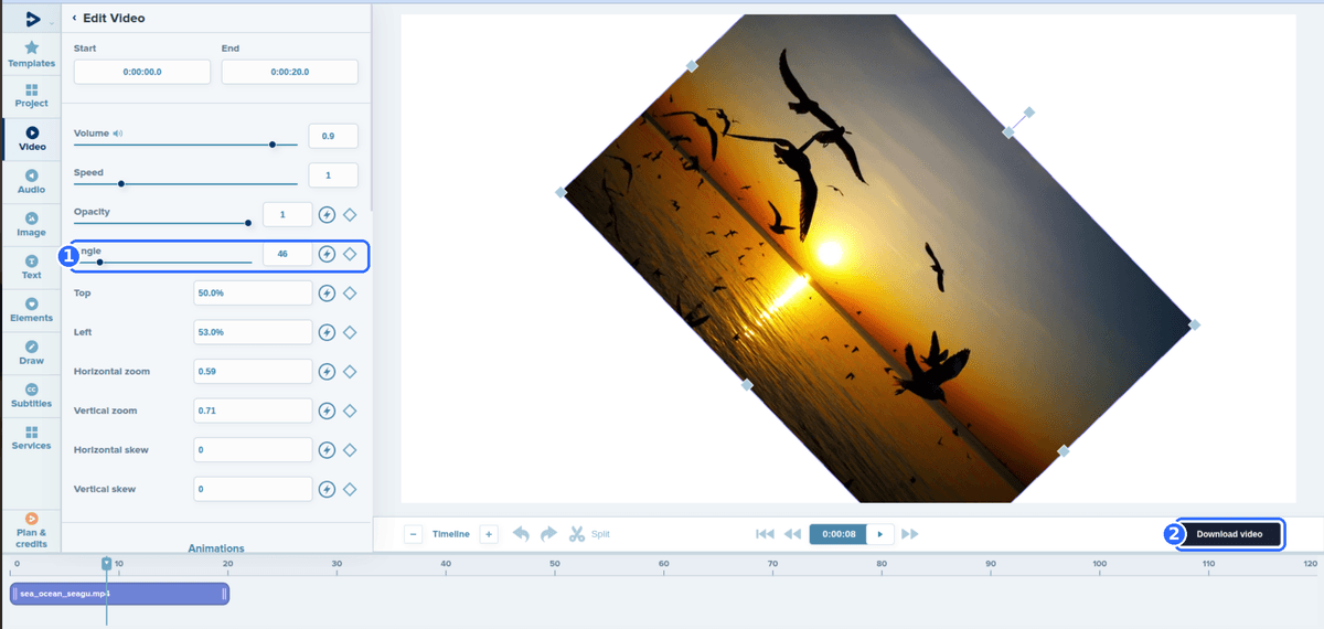 Full Deus.Video editor with a clip turned by 46 degrees on the canvas and two numbered highlights: the Angle property with its slider and field, and the Download video button