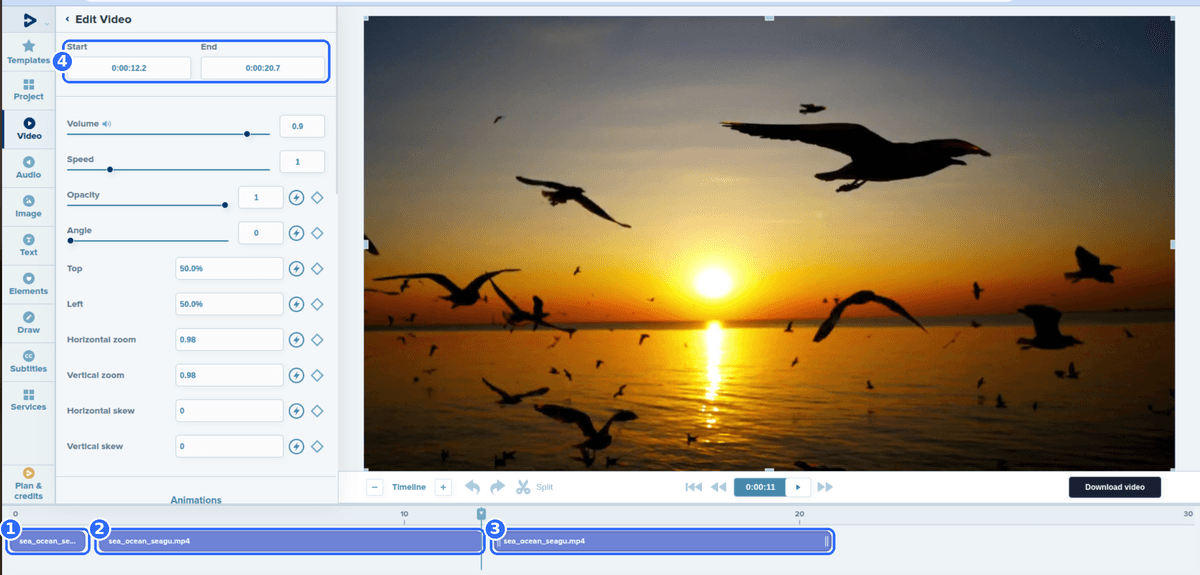 Full Deus.Video editor with one clip split into three pieces on the timeline and four numbered highlights: the first piece, the middle piece, the last piece, and the Start and End fields of the selected piece