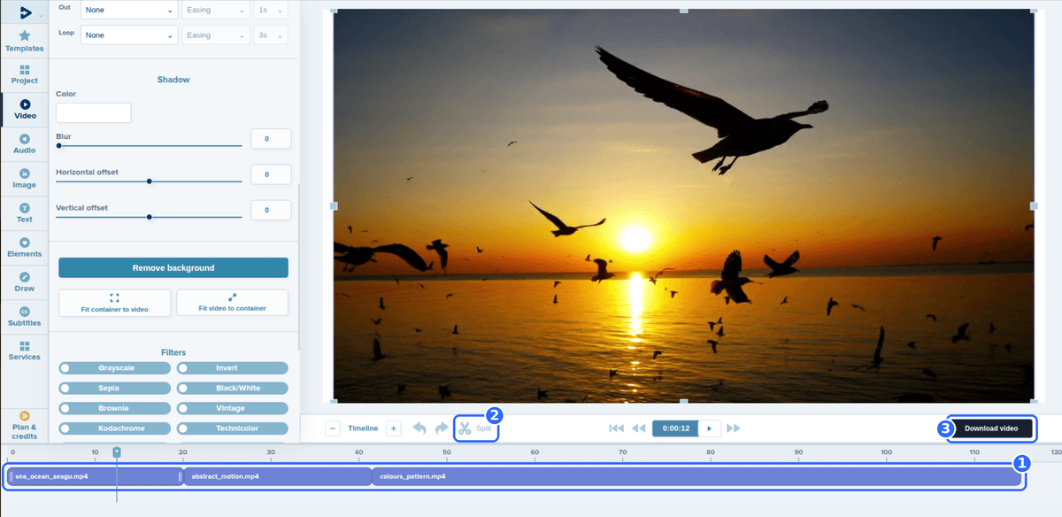Full Deus.Video editor with three different clips placed one after another on the timeline and three numbered highlights: the row of clips, the Split button and the Download video button