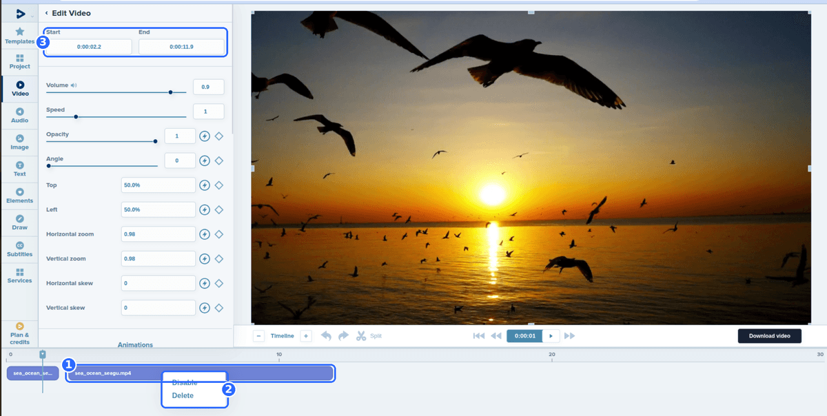 Full Deus.Video editor with the middle piece of a split clip right-clicked on the timeline, showing a menu with Disable and Delete, and three numbered highlights: the piece, the menu, and its Start and End fields