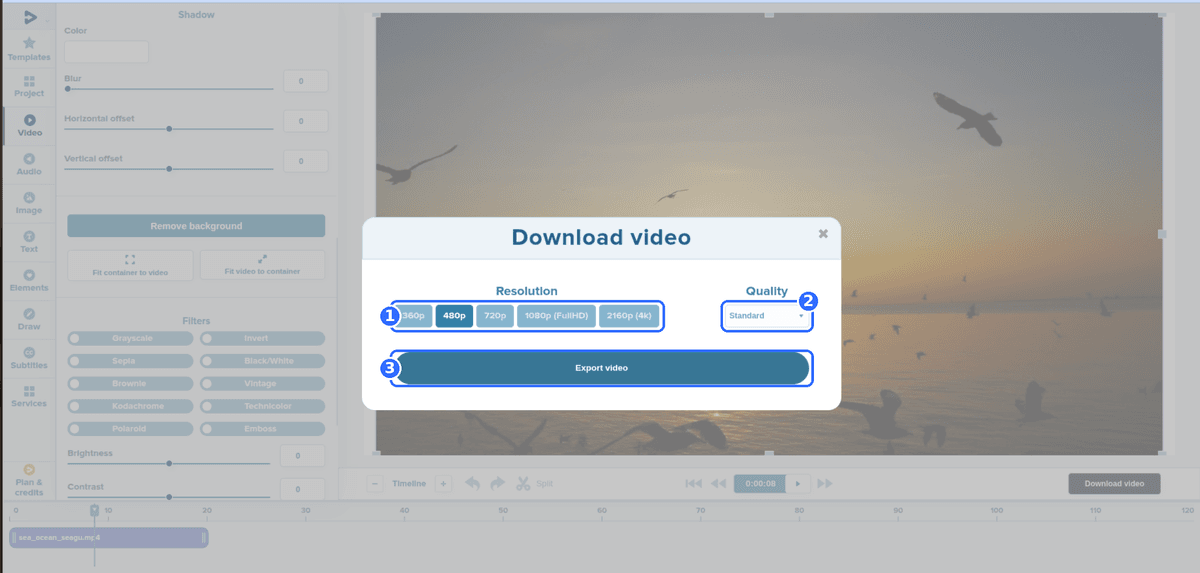 Full Deus.Video editor Download video dialog with three numbered highlights: the Resolution buttons 360p, 480p, 720p, 1080p and 2160p, the Quality list, and the Export video button