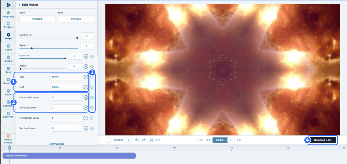 Full Deus.Video editor with a video enlarged beyond the canvas and four numbered highlights: the Top and Left fields, the Horizontal and Vertical zoom fields set to 3, the keyframe buttons and the Download video button