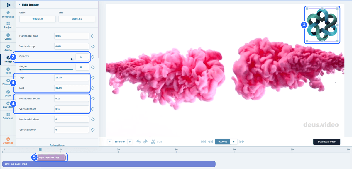 Full Deus.Video editor with a logo in the top right corner of the video and five numbered highlights: the logo in the preview, the opacity control, the top and left position fields, the horizontal and vertical zoom fields and the logo clip on the timeline