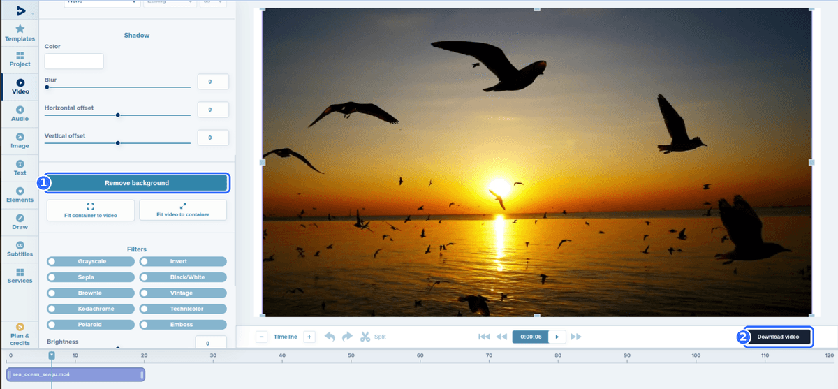 Full Deus.Video editor with a video selected and two numbered highlights: the Remove background button in the video panel and the Download video button