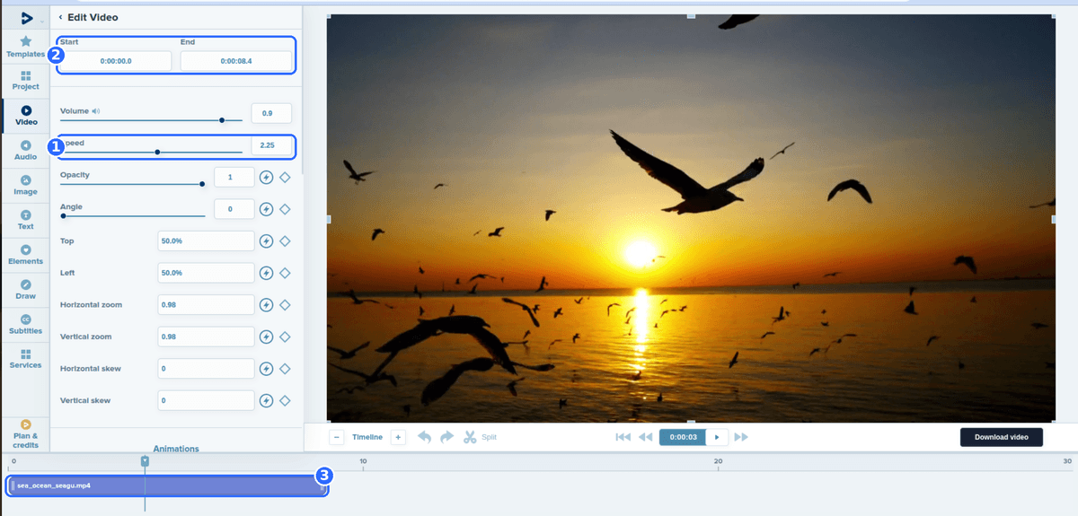 Full Deus.Video editor with a clip set to Speed 2.25 and three numbered highlights: the Speed property, the clip Start and End fields showing the shortened duration, and the shortened clip on the timeline