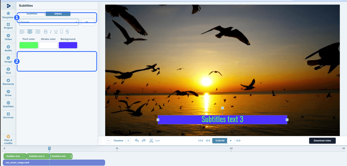 Full Deus.Video editor Styles tab for subtitles with two numbered highlights: the font and size controls, and the font, stroke and background color controls