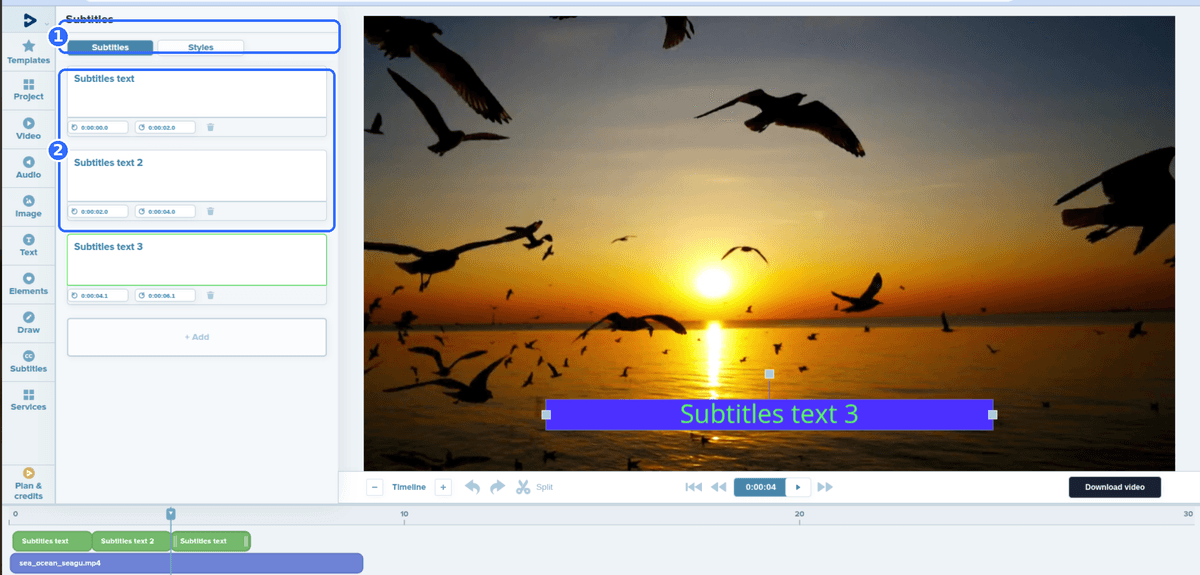 Full Deus.Video editor Subtitles panel with three numbered highlights: the Subtitles and Styles tabs, three manual subtitle blocks with their start and end fields, and a subtitle element rendered over the video