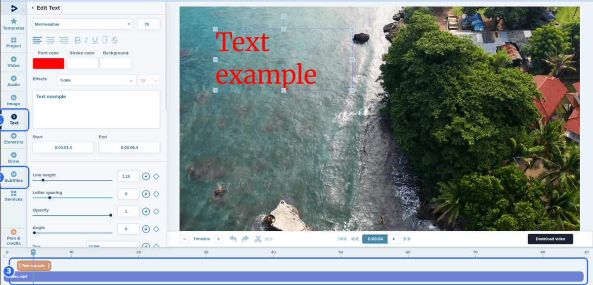 Full Deus.Video editor with three numbered highlights: the Text section and the Subtitles section in the sidebar, and the multi-track timeline with a text element above the video