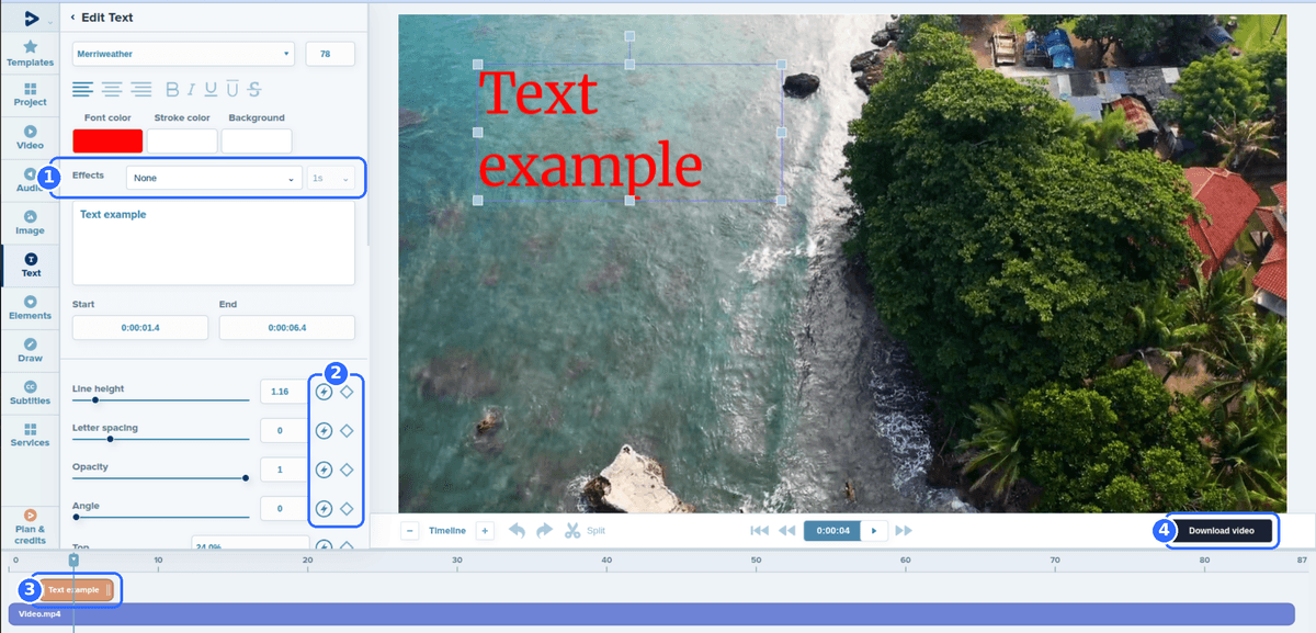 Full Deus.Video editor with a text element selected and four numbered highlights: the Effects setting, keyframe buttons beside the text properties, the text element on the timeline and the Download video button