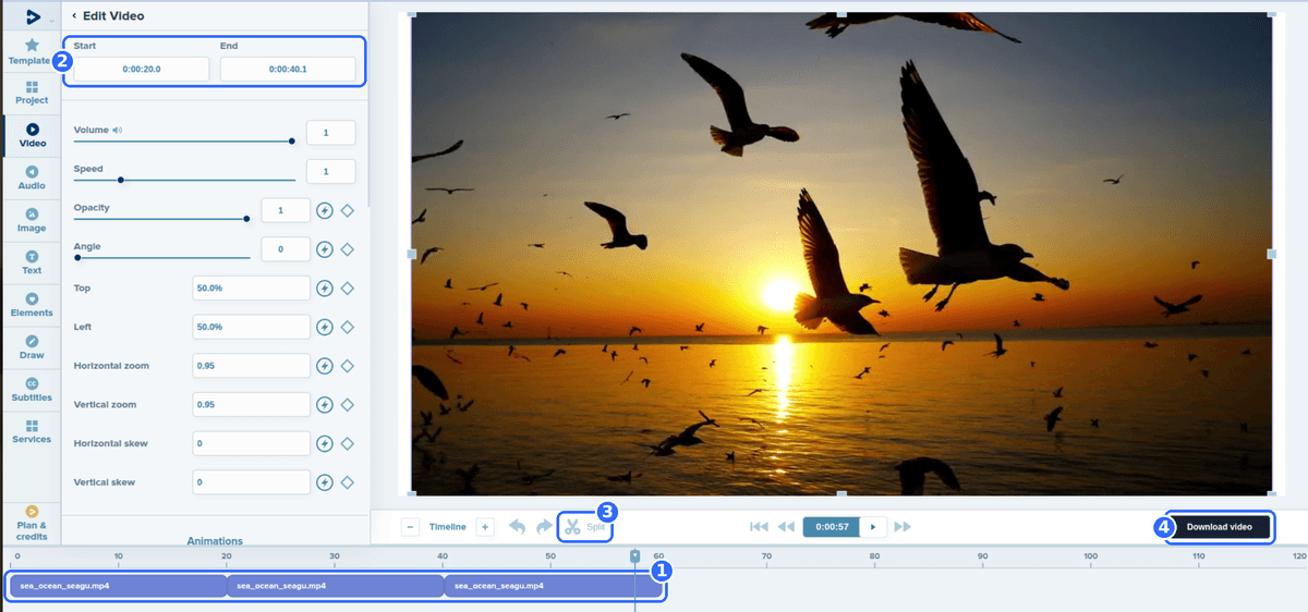 Full Deus.Video editor with the same clip placed three times in a row on the timeline and four numbered highlights: the three clips, the Start and End fields of the selected clip, the Split button and the Download video button