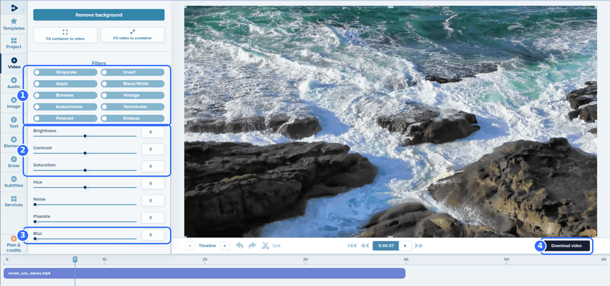 Full Deus.Video editor with a video selected and four numbered highlights: the preset filter switches, the Brightness, Contrast and Saturation sliders, the Blur slider and the Download video button