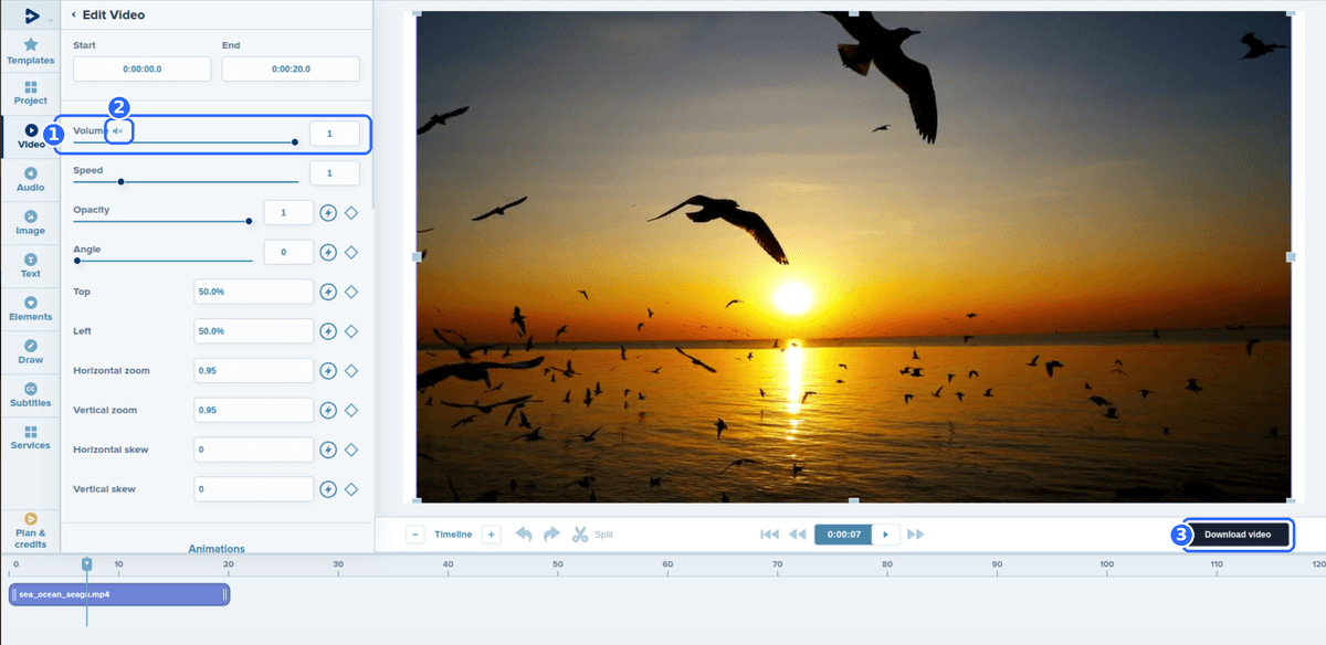 Full Deus.Video editor with a video selected and three numbered highlights: the Volume control, the speaker icon next to it shown in its muted state, and the Download video button