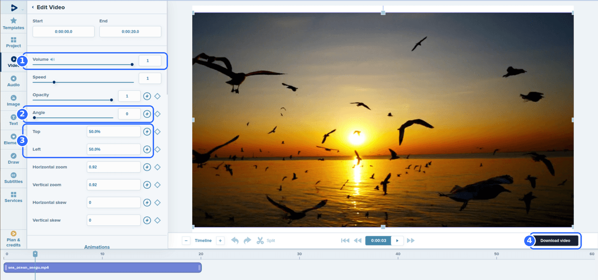 Full Deus.Video editor with a video selected and four numbered highlights: the Volume control, the Angle field, the Top and Left position fields and the Download video button