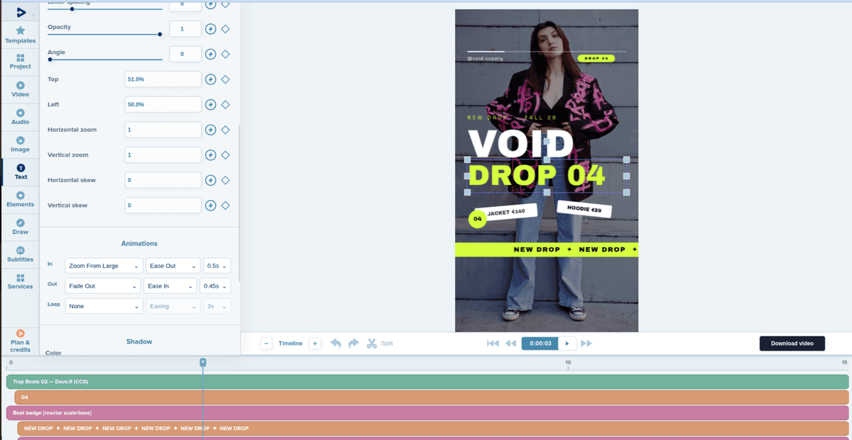 Entrance and exit animation settings for a headline in the video editor