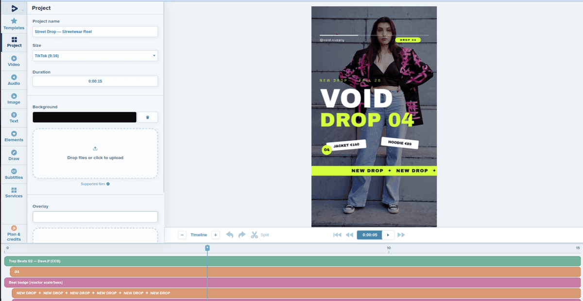 Instagram promo video project open in the Deus.Video editor
