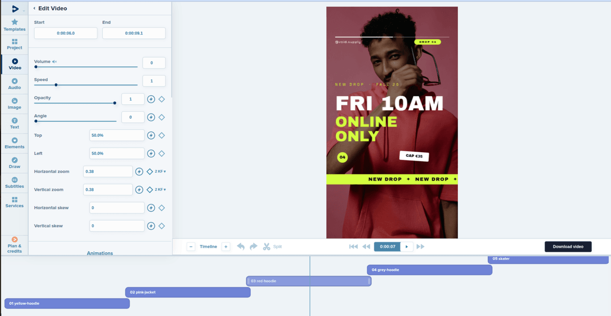 Product clip reframed for a vertical Instagram promo video