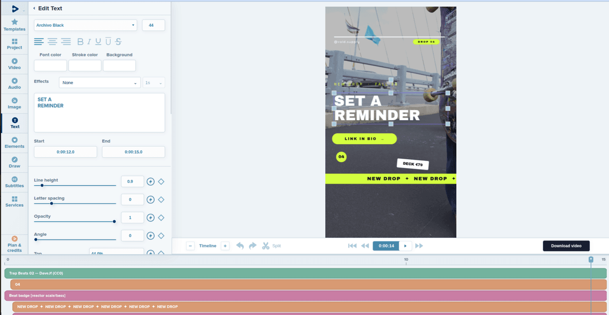 Editing headline and call-to-action text for an Instagram promo