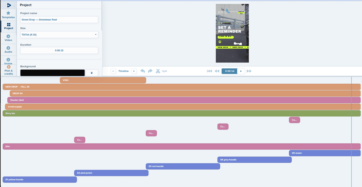 Instagram promotional video scenes arranged on the editor timeline
