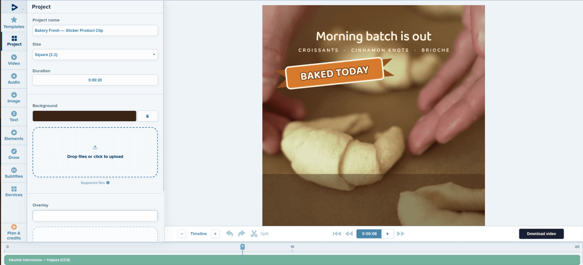 Video project with animated and custom stickers in the Deus.Video editor