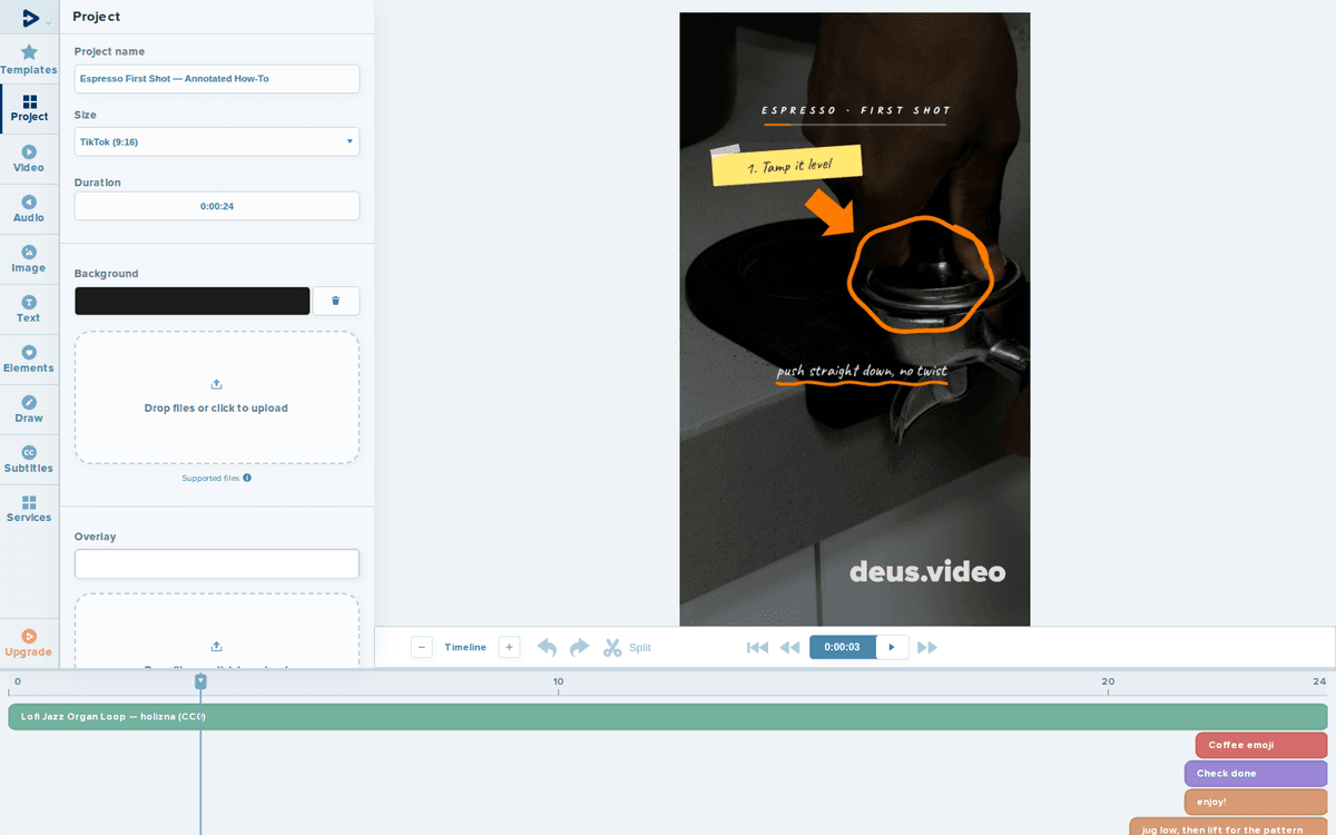 Annotated tutorial video open in the Deus.Video editor